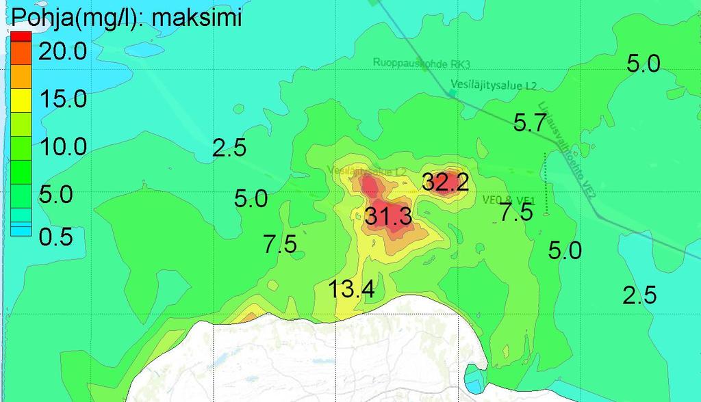 Kiintoainepitoisuuden (mg/l) maksimi- ja keskiarvot VE1 Hailuodon pohjoispuolisella ruoppauskohteella (RK13-16) pinta- (yläkuvat) ja pohja- (alakuvat) kerroksessa. Taustaruudukon koko 5 km x 5 km.