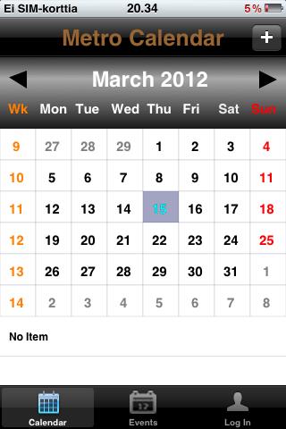 Kun sovelluksen avaa, ruudulle ilmestyy kuukauden kalenteri, jonka alla on seuraavat tapahtuman.