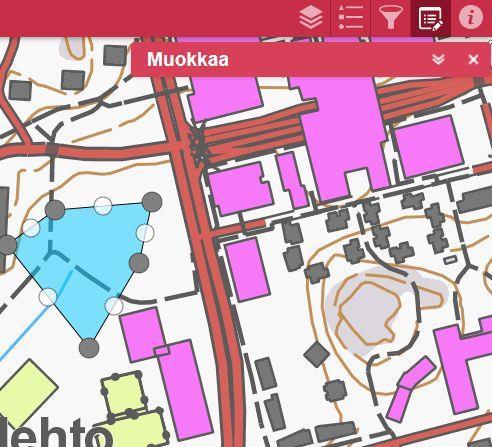 Jos haluat muokata jo tehtyä aluerajausta, valitse Muokkauskuvake ja klikkaa haluamaasi kohdetta kartalla. Sulje esiin aukeava ominaisuustietolaatikko ja klikkaa kohdetta uudelleen.