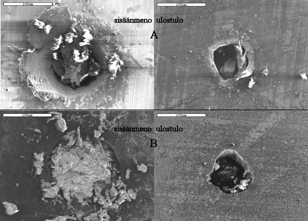 Kuva 48. Tyypillisiä reikiä, joissa säde on porannut materiaalin reiän, mutta reikä on tukkeutunut sulasta. A: materiaalina 0,1 mm kupari. Porausaika oli 4 sekuntia. B: materiaalina 0,5 mm EN 1.4301.