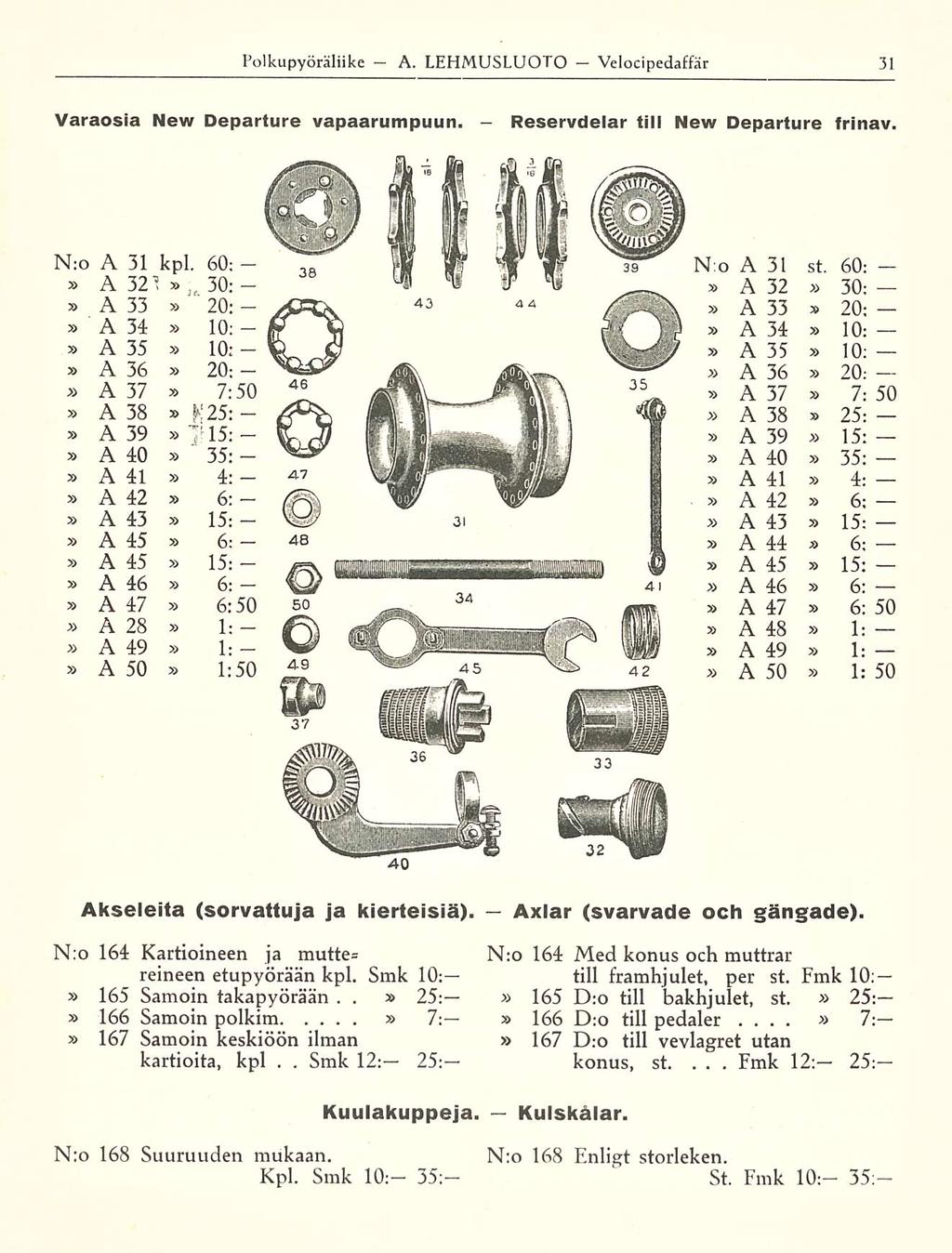 Smk A Reservdelar Polkupyöräliike LEHMUSLUOTO Velocipedaffär Varaosia New Departure vapaarumpuun till New Departure frinav N:o A 31 kpl 60; A 321 3a 30; A33 20; A34 10; A35 10; A36 20: A 37 A 38 A 39