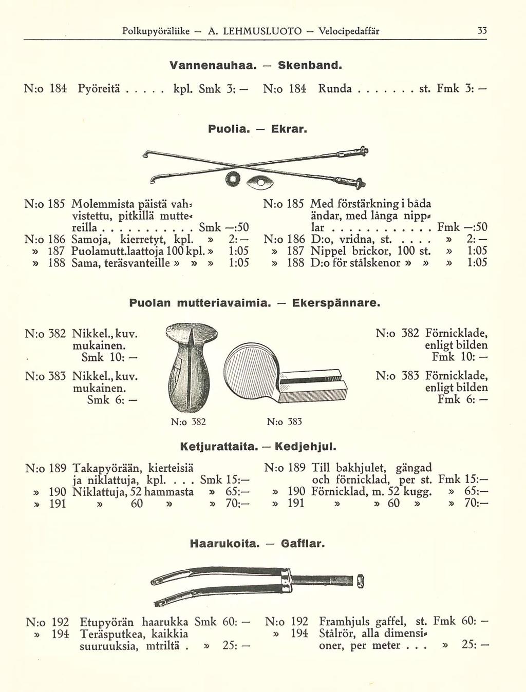 Smk Polkupyöräliike A LEHMUSLUOTO Velocipedaffär Vannenauhaa Skenband N;o 184 Pyöreitä kpl Smk 3: N:o 184 Runda st Fmk 3: Puolia Ekrar N:o 185 Molemmista päistä vah= vistettu, pitkillä mutte* reillä