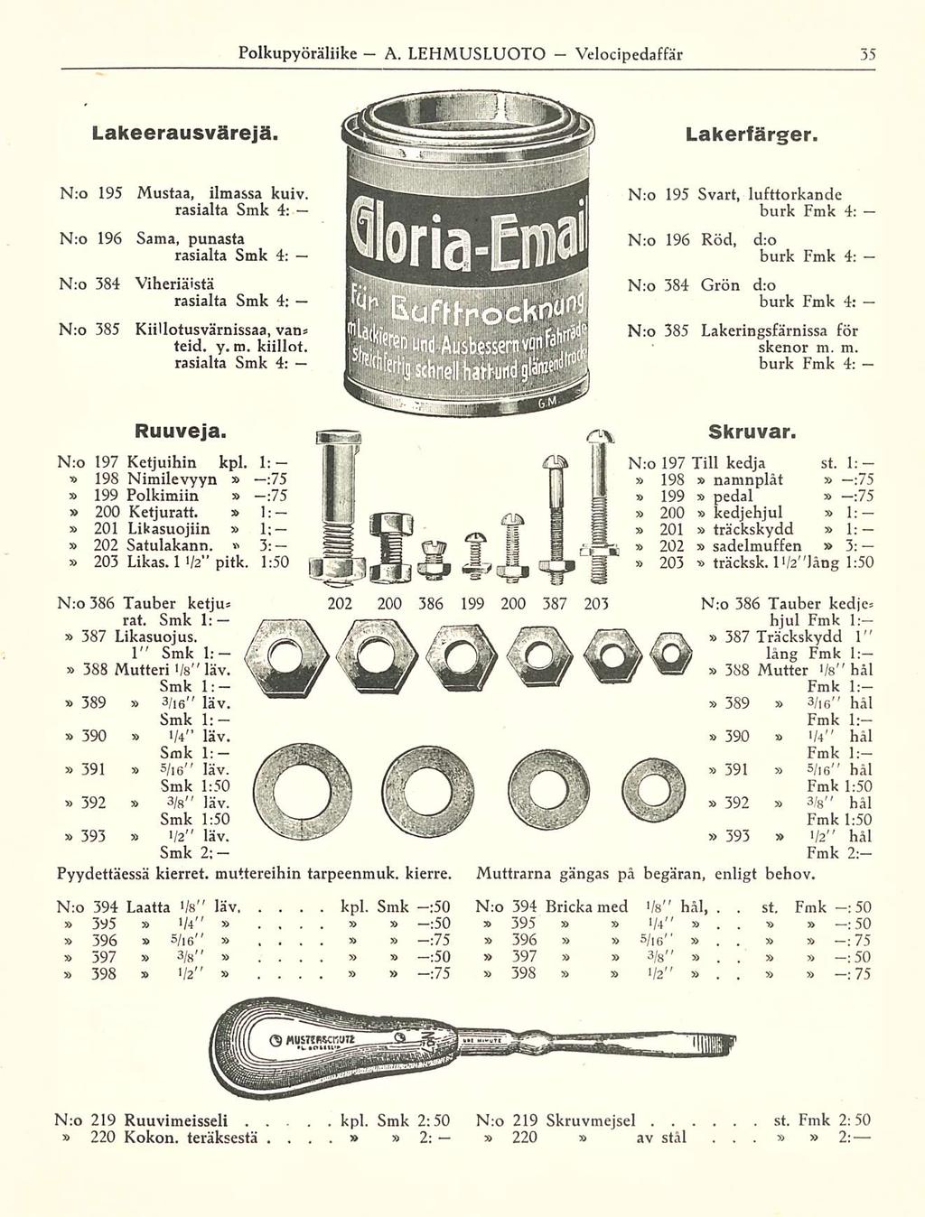 : Polkupyöränike A LEHMUSLUOTO Velocipedaffär Lakeerausvärejä Lakerfärger N:o 195 Mustaa, ilmassa kuiv rasialta Smk 4: N:o 196 N:o 384 N:o 385 Sama, punasta rasialta Smk 4; Viheriäistä rasialta Smk