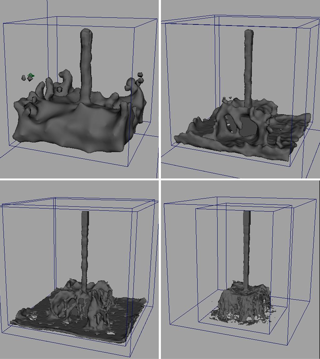 25 Kuva 11 Mayassa simulaatioiden viimeinen kuvaruutu. Master voxel size vasemmalta oikealle: 1.6, 0.8, 0.4, 0.2. Simuloitavan nesteen massa ja tilavuus tuntuvat pienentyvän resoluution noustessa.