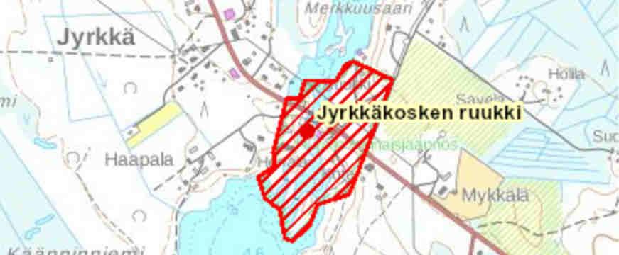 Jyrkän ruukkimiljöö onkin yksi valtakunnallisesti merkittävistä rakennetuista kulttuuriympäristöistä (rky). KUVA 5: Jyrkkäkosken ruukin rky-rajaus. Museovirasto.