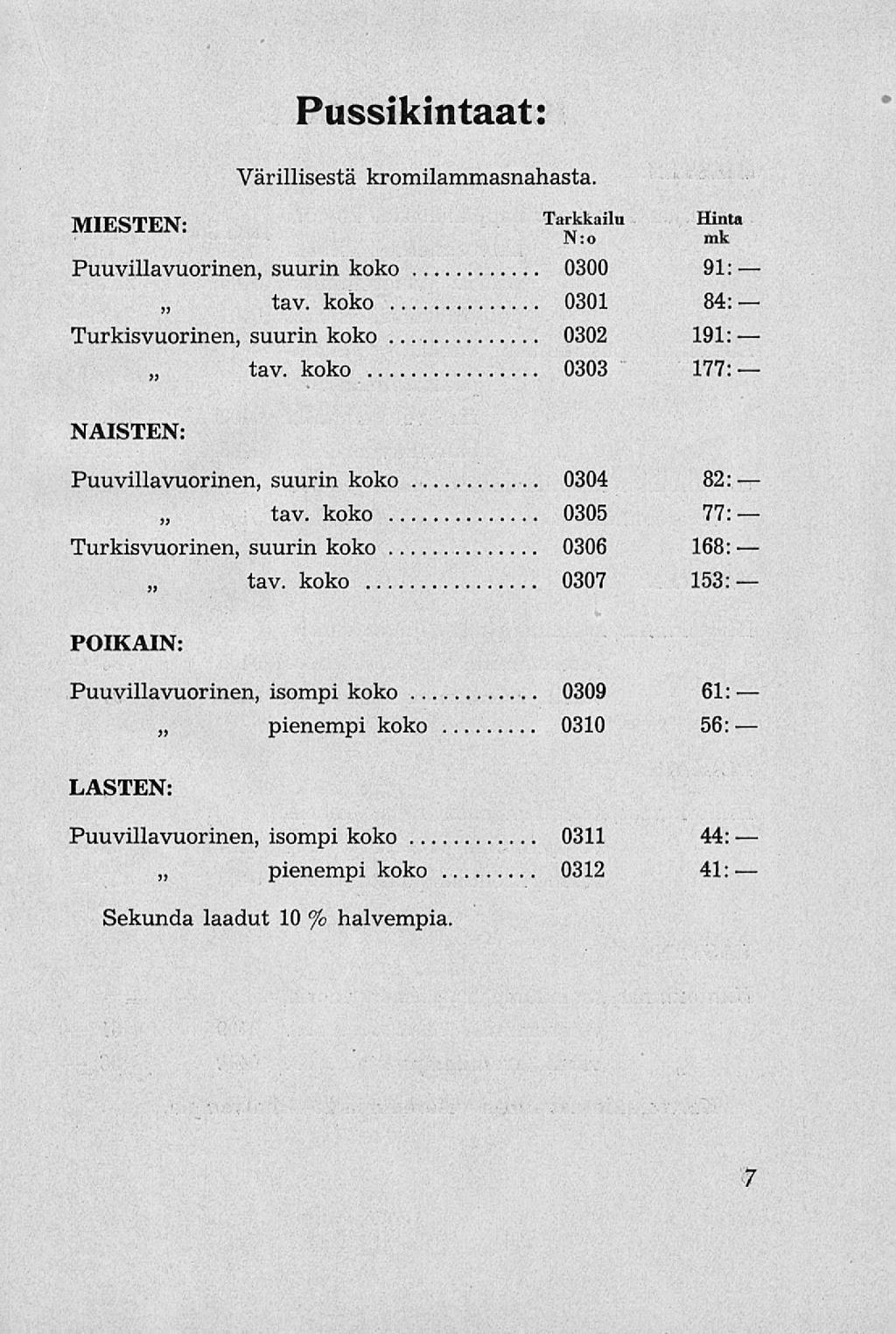 Pussikintaat: Värillisestä kromilammasnahasta. MIESTEN: Tarkkailu N:o Hinta mk Puuvillavuorinen, suurin koko 0300 91: ii tav. koko 0301 84: Turkisvuorinen, suurin koko 0302 191: 5? tav. koko 0303 177: NAISTEN: Puuvillavuorinen, suurin koko 0304 82: )_ tav.