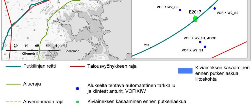 Tarkkailu toteutettiin tarkkailuohjelman /2/ mukaisesti seuraavin tarkennuksin ja muutoksin /41/: Alukselta tehdyssä tarkkailussa tutkimuslinjat olivat 50 200 metrin etäisyydellä kiviaineksen