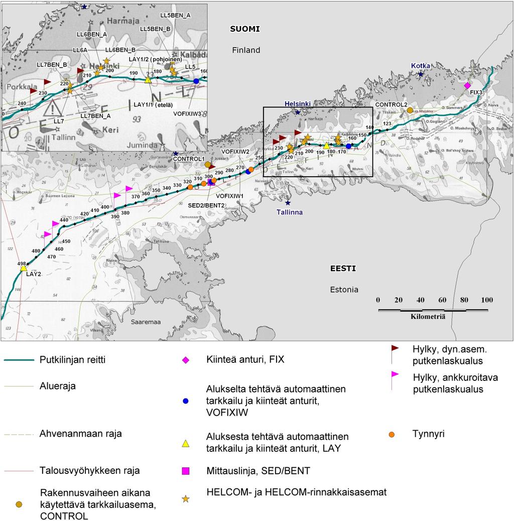 YMPÄRISTÖTARKKAILU 2010 Kuva 5.2 5.1 35 Vuoden 2010 putkilinjan rakennustoimiin liittyvät vedenlaadun, sedimentin, pohjaeliöstön ja HELCOM-tarkkailuasemat sekä tarkkaillut hylyt ja tynnyrit.