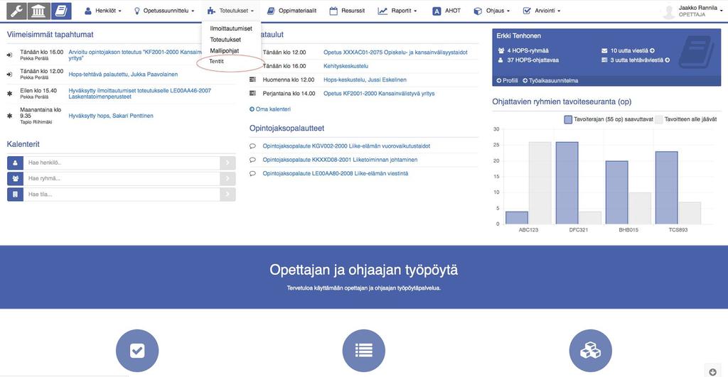 20 5 Palvelut opettajalle Opettajan käyttää tenttijärjestelmää uusien tenttikertojen luomiseen, ilmoittautumisten hallintaan sekä tenttimateriaalien liittämiseen tenttikerroille/ilmoittautuneille.