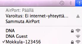 MAC OS X Klikkaa hiirellä WLAN-verkon ikonia näytön yläosassa. Valitse sen jälkeen verkko, jonka nimi on DNA-Mokkula-2G-XXXXXX. Verkon tarkka nimi (SSID) näkyy Matkamokkulan näytöllä.