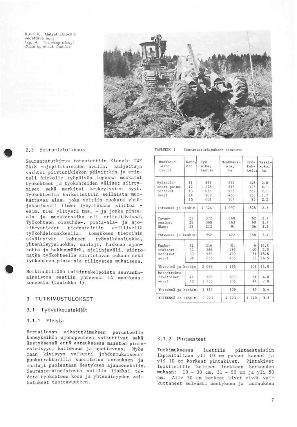 Kuva 4. Mets ä trak tor illa vedettävä aura F~g. 4. The wing plough dltawn by whee.t :tjui.u.oil 2. 3 Seurantatutkimus Seurantatutkimus toteutettiin Kienzle TWF 24/8 ajopiirtureiden avulla.