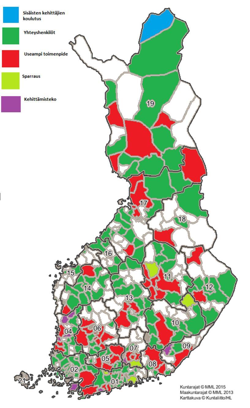 Kehittäjäkoulutus Nimetty yhteyshenkilö Useampi toimenpide Lukuja 9/2016 - Yli 300 yhteyshenkilöä - 101 kuntaorganisaatiota osallistunut - 44 sparrausta - 10+2 koulutusta - 5