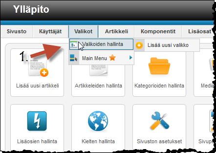 ETAPPI ry JOOMLA 2.5 Sivu 2(13) 1. Uuden valikon lisääminen Ohjeessa on viitattu usein kuvien punaisten nuolien numerointiin. Esimerkiksi.