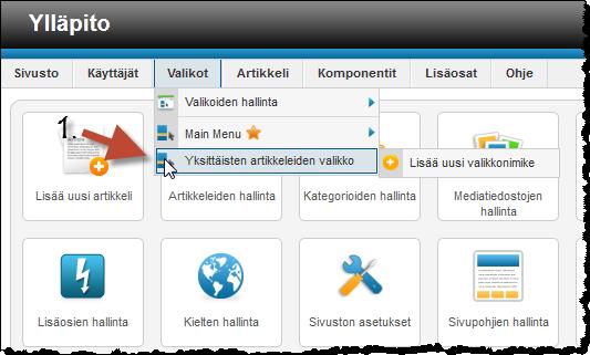 ETAPPI ry JOOMLA 2.5 Sivu 8(13) 1.6 Valikon nimikkeen lisääminen 1.