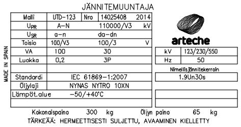 34 Suomussalmen sähköasemalla jännitemuuntajiksi tuli Arteche UTD-123.