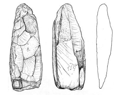 Artikkelin kuvituksena on käytetty Olli Erannin piirroksia Valionrannan arkeologisten kaivausten löydöistä. Eranti osallistui kaivauksiin kesällä 2014. Vasemmalla taltan kärki, pituus noin 7 cm.