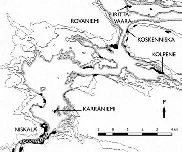 Koskenniska ja muita artikkelissa mainittuja kivikautisia asuinpaikkoja Rovaniemen keskustan tuntumassa. Alin piirretty rantaviiva (77,5 m mpy.) liittyy ns. Kolpeneen muinaisjärveen.
