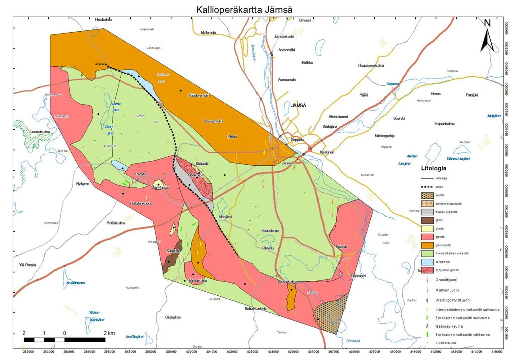 1. Tutkimusalue Kartoitusalue sijaitsee Jämsän länsipuolella (Kuva 1) ja on noin 20km x 10 km suuruinen luode-kaakko suunnassa. 2. Kallioperän yleispiirteet Kartoitusaluetta dominoivat intermediääriset vulkaniitit, jotka muodostavat n.