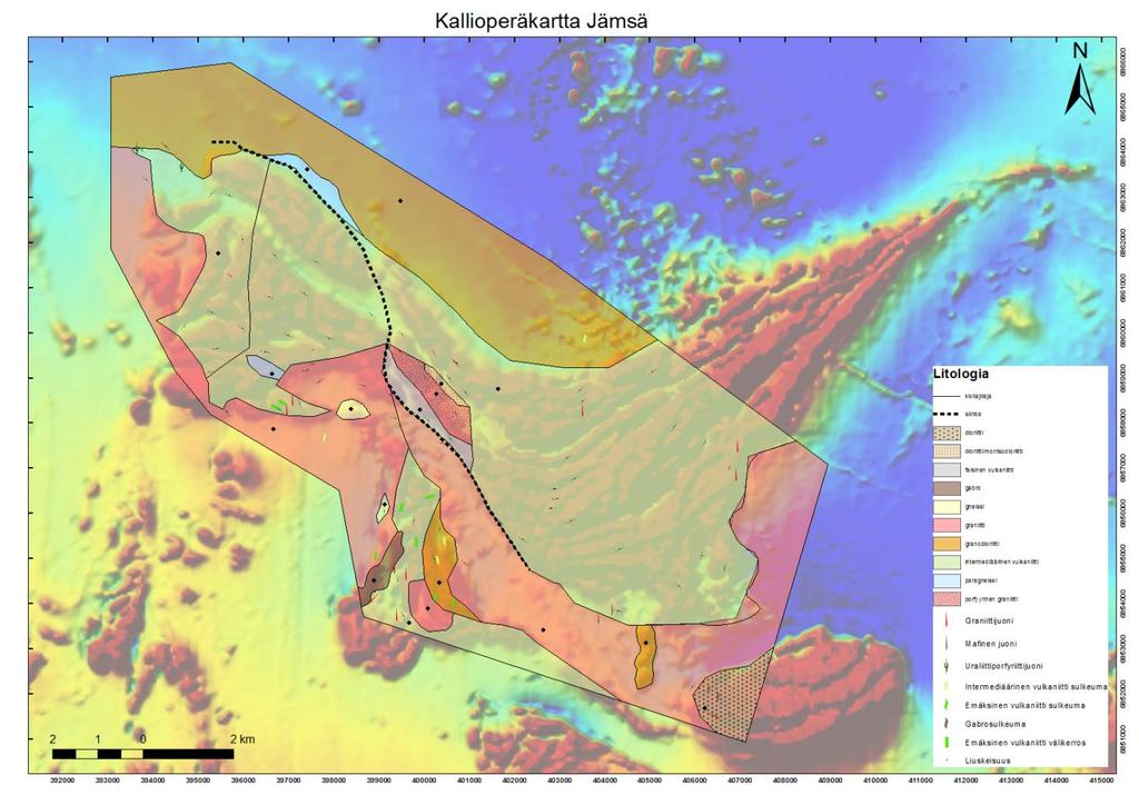 Kuva 2. Kartoitusalueesta piirretty kallioperäkartta ja sen vertaaminen alueen magneettisiin vaihteluihin.