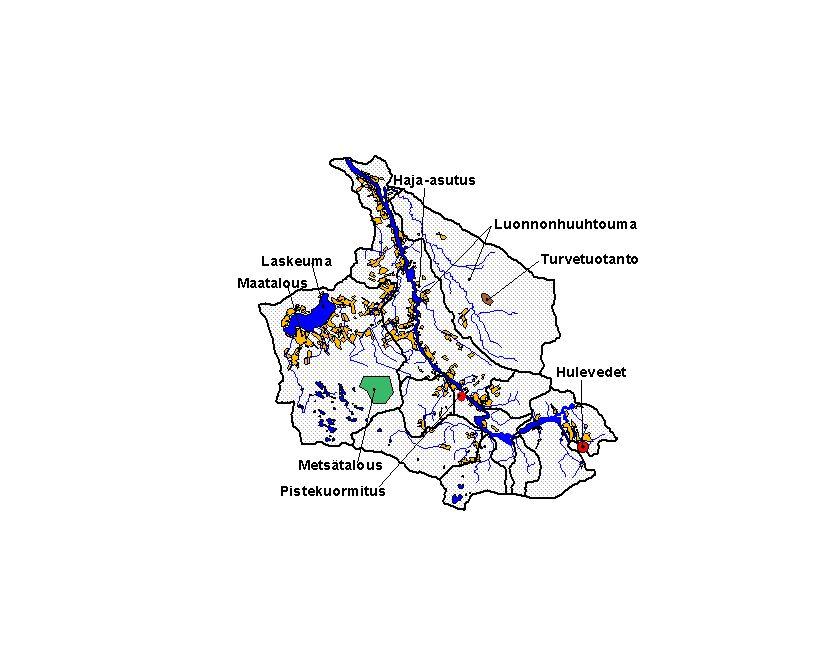 HAJAKUORMITUS Maatalous Metsätalous Hulevedet Haja-asutus Turvetuotanto PISTEKUORMITUS Teollisuus, vedenpuhdistamot kalankasvatus ym.