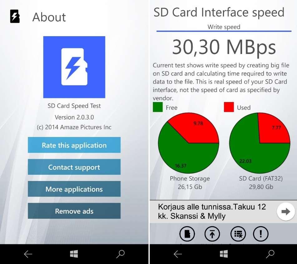 Liite 3 SD Card Speed Test-sovelluksen