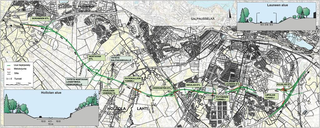 Suunnittelualue ja tutkitut kevennyskohteet Soramäki - Okeroinen Poikkileikkaus 4- tai 2-kaistainen Patiokallion tunnelin poisjättäminen Nikulan eritasoliittymä Eritasoliittymän toteutumatta