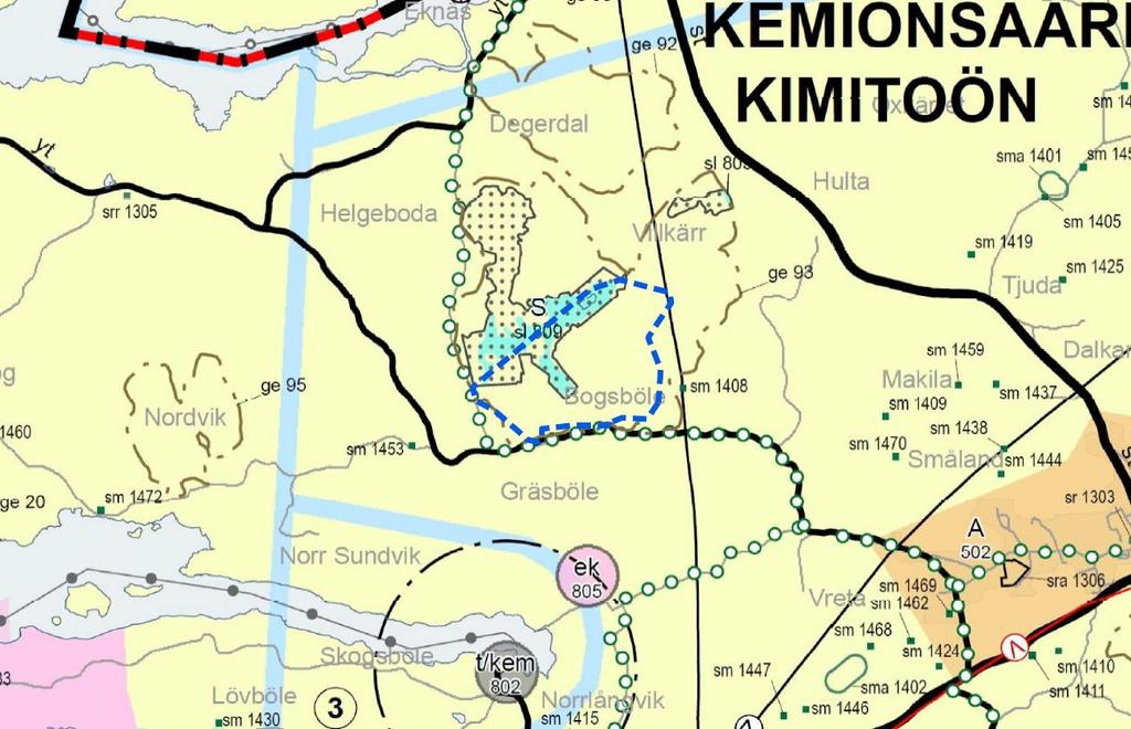 Ote maakuntakaavasta. Kaava-alueen rajaus on lisätty kartalle sinisellä katkoviivalla. Varsinais-Suomen liitolla on tekeillä koko maakunnan kattava tuulivoimavaihemaakuntakaava.