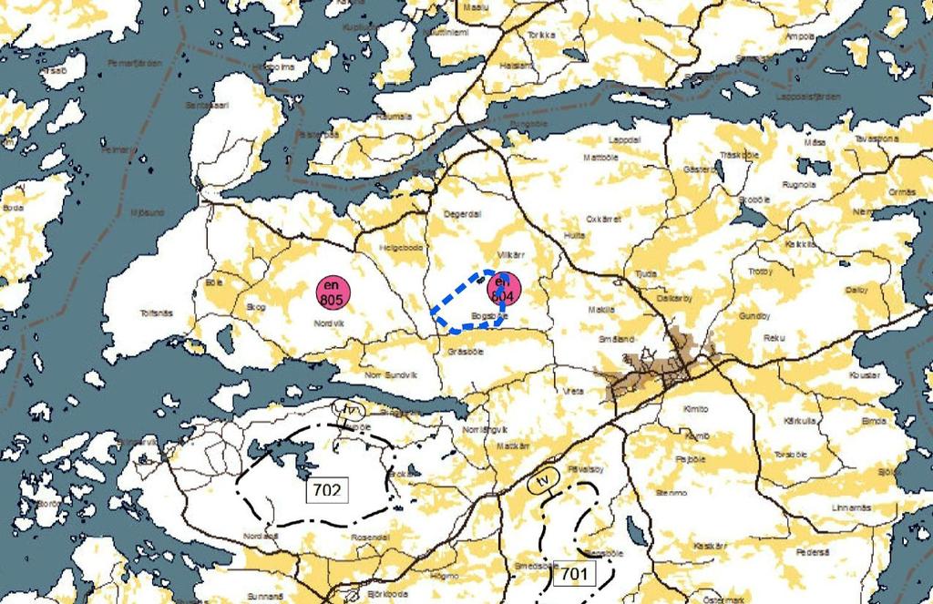 Ote tuulivoimavaihemaakuntakaavan ehdotuksesta. Kaava-alueen rajaus on lisätty kartalle sinisellä katkoviivalla. 2.5.