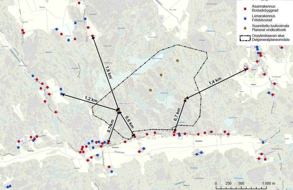 Tuulivoimaloiden etäisyydet lähimpään asutukseen mitattuna kaavaan merkitystä tuulivoimalan sijainnista. 4.2.