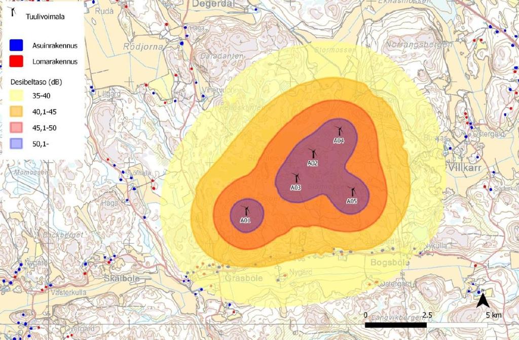 Gräsbölen tuulivoimapuiston osayleiskaavan ohjeellisten voimalapaikkojen sijoittelun mukaiset meluvyöhykkeet Enerconin