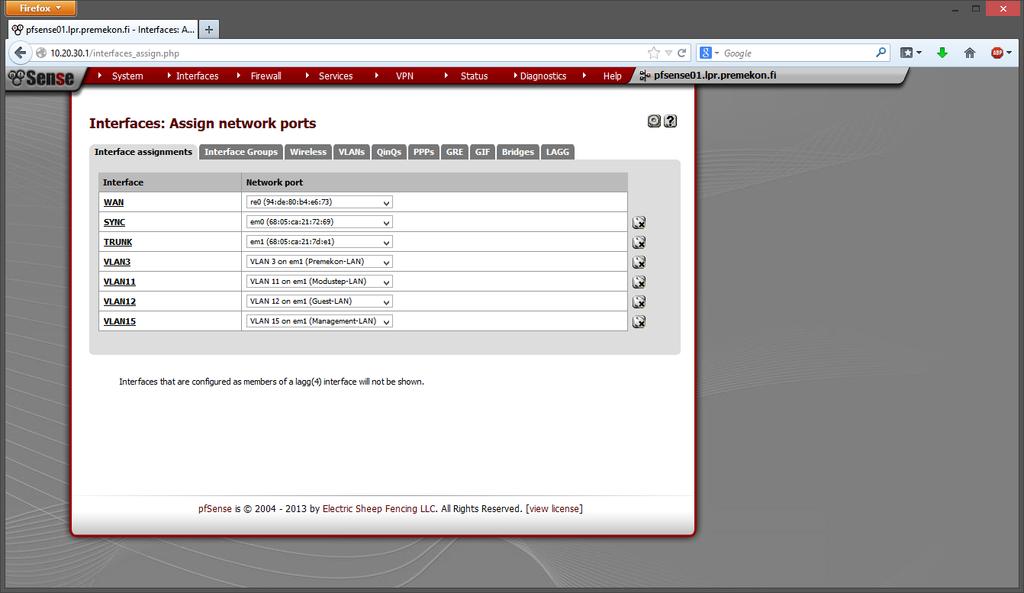 Kuva 2: pfsensen verkkoadapterimääritykset Molemmissa palomuuriparin laitteissa määriteltiin TRUNK-verkkoliitännän alle VLAN:it 3, 11, 12 sekä 15.