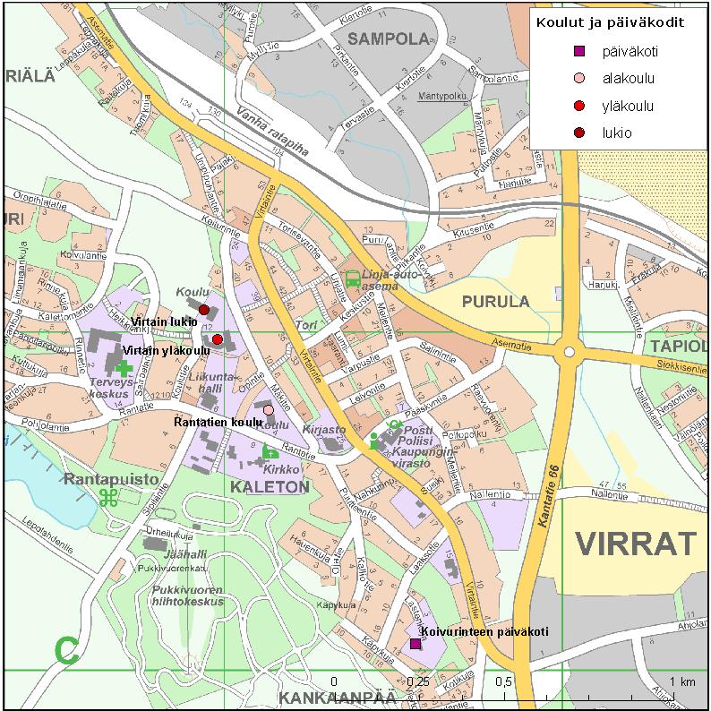 FCG Suunnittelu ja tekniikka Oy Kaavaselostus 25 (83) Kuva 8. Virtain keskustaajamaan sijoittuvat Rantatien koulu, yläkoulu ja lukio sekä Koivurinteen päiväkoti.