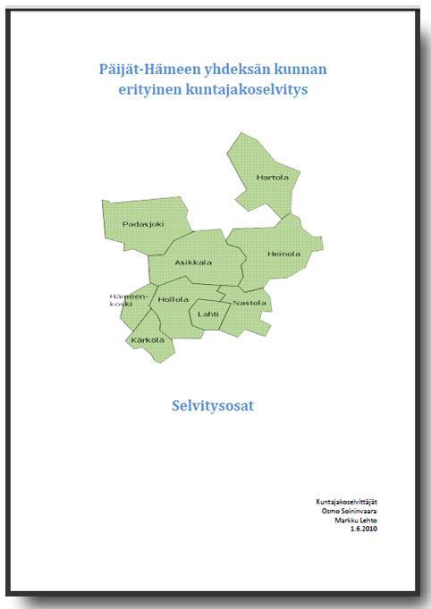 Selvittäjän ehdotus Yhdistymissopimus Sitova vuoden 2015 loppuun Poliittinen sopimus Moraalisesti sitova, hahmottaa tulevaa kuntaa Selvitysosa Selvittäjien analyysi,