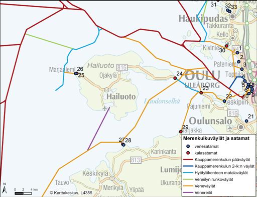 68 Hailuodon liikenneyhteys Hailuoto, Oulunsalo, Ympäristövaikutusten arviointiselostus VAIKUTUKSET LIIKENTEESEEN Satamat Oulun Satama kuuluu Perämeren johtaviin metsäteollisuus- ja