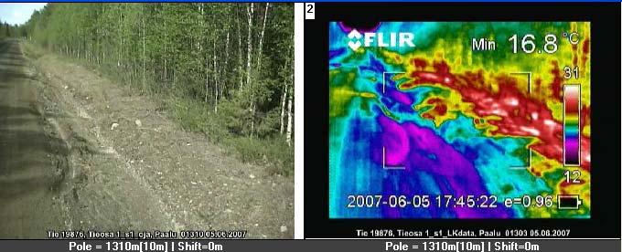 18 Kuivatusanalyysit päällystetyillä ja sorateillä Kuva 10. Digitaalivideosta tehty still -kuva ja lämpökamerakuva soratiekohteesta, jossa on kelirikko-ongelmia ja pahoja kuivatuspuutteita.