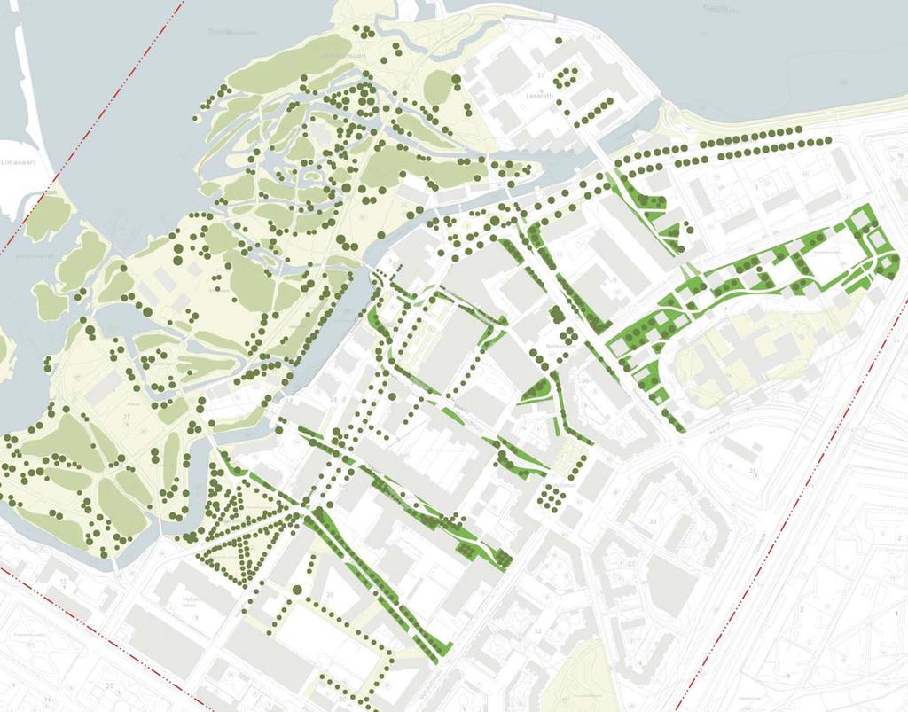 MONILAJINEN PUUSTO LUO KATOSMAISIA VIHERTILOJA REITIN VARRELLE VIHERHUONEET JA ISTUTUSALUE ASUKKAIDEN KÄYTTÖÖN HULEVESIPAINANNE, JOSSA KOSTEIKKO- KASVILLISUUTTA KASVILLISUUS LEVITTÄYTYY MAANTASOSTA