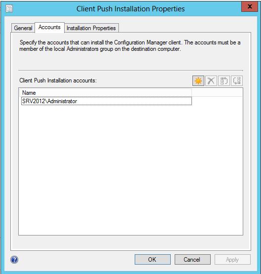 24 Kuva 16. Puskuasennuksen asetusten Account-välilehti. Kun puskuasennuksen asetukset ovat valmiit, voidaan Configuration Manager ja SCEP 2012 -clientit asentaa halutulle kokoelmalla.