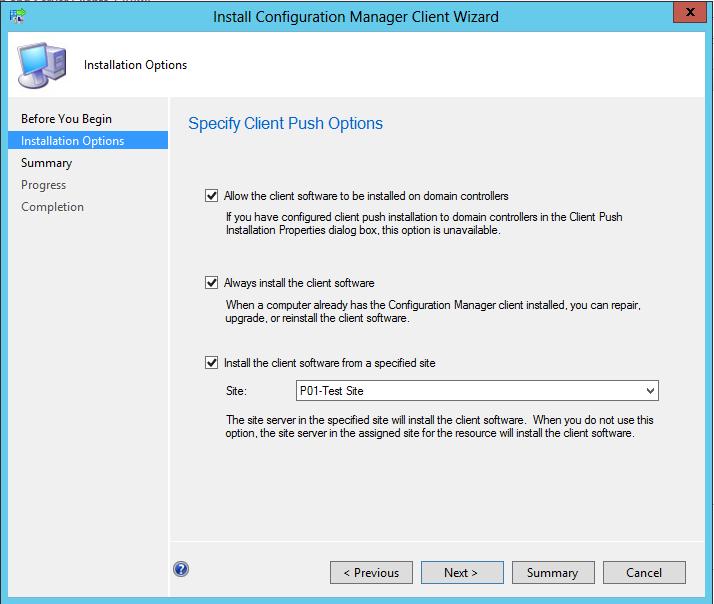 25 Kuva 17. Install Configuration Manager Client -asennusvelho. Kun halutut asetukset on valittu, voidaan valita Next ja aloittaa asennus asiaskoneeseen.