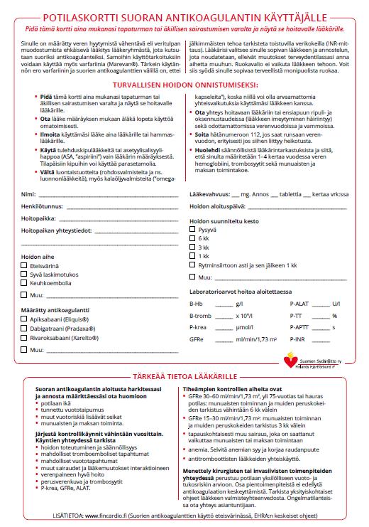 Liite 3: Potilaskortti suoran antikoagulantin käyttäjälle (Potilaskortti suoran antikoagulantin