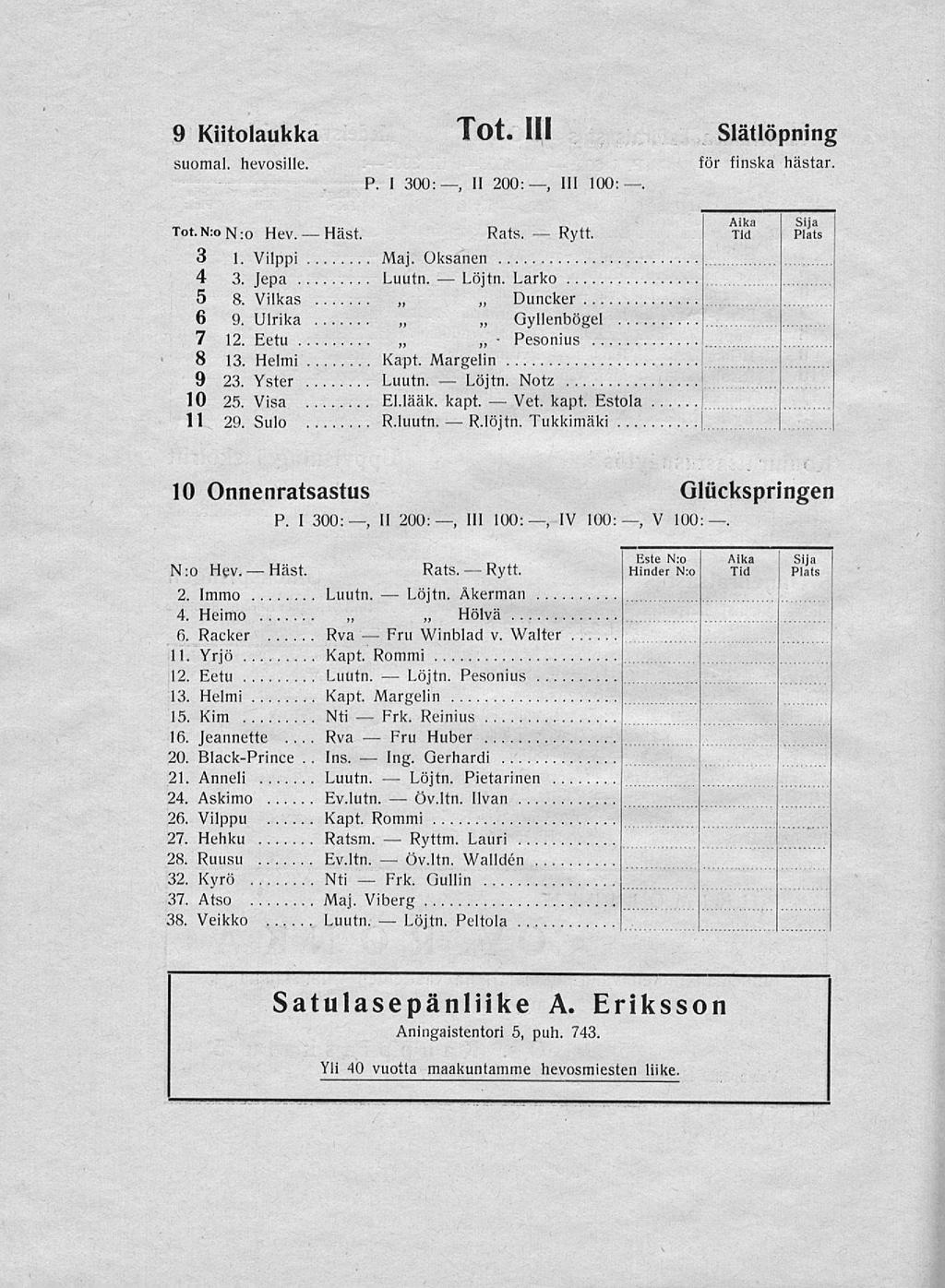 Häst. Rva Häst. Ing. Frk. Ryttm. R.löjtn. Vet. Rytt. 9 Kiitolaukka Tot. 111 suomal. hevosille. P. I 300:, II 200:, 111 100: Slätlöpning för finska hästar Aika Sija Tid Plats Tot.N:oN:o Hev. Råts. 3 1.