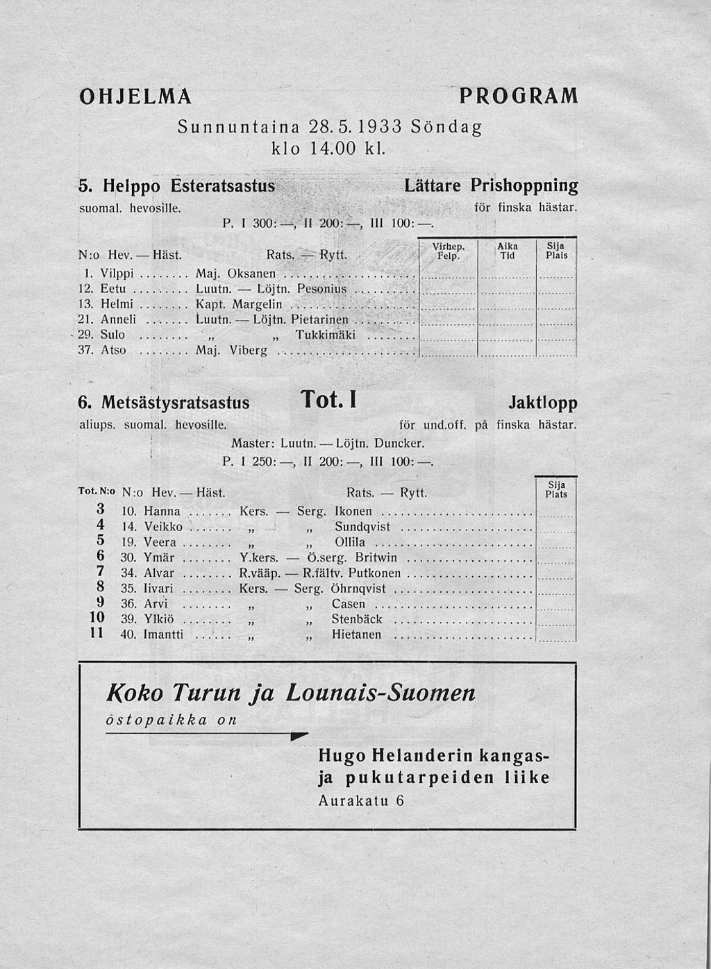 Häst. Ö.serg. R.fältv. OHJELMA 5. Helppo Esteratsastus suomal. hevosille. Sunnuntaina 28 5. 1933 Söndag klo 14 00 kl P. I 300:, II 200:, 111 100 N:o Hev. Rats. Rytt. 1. Vilppi Maj. Oksanen 12. Eetu.