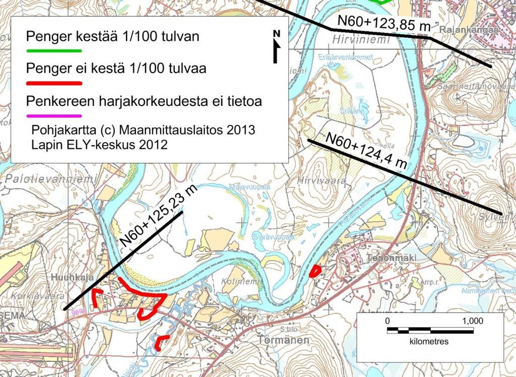 Kuva 5. Törmäsen ja Teponmäen penkereet ja tulvakorkeudet (Lapin ELY-keskus 2012) 3.