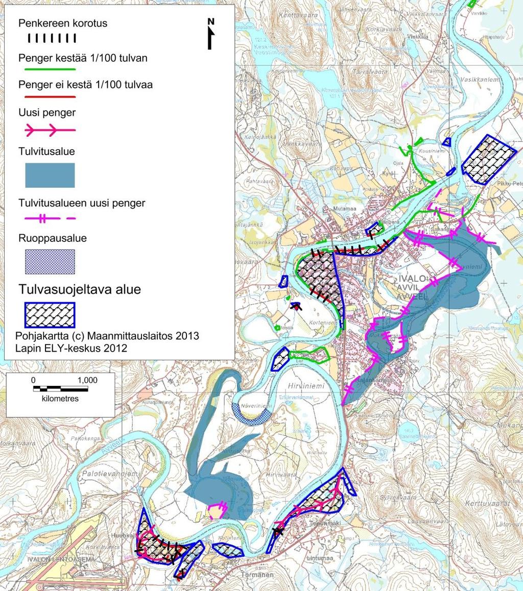Kuva 7. Ivalon taajama-alueella mahdollisia tulvasuojelutoimia. 5.