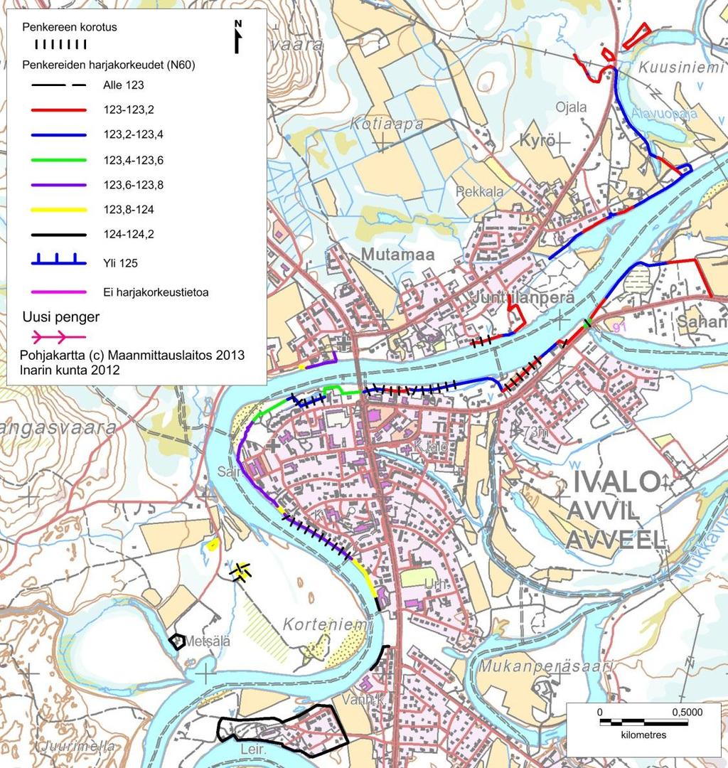123,6 m mpy, joten tulvasuojauksen täytyisi olla 123,9 m mpy, penger on kuitenkin vain 123,8 m mpy. Kuva 10.