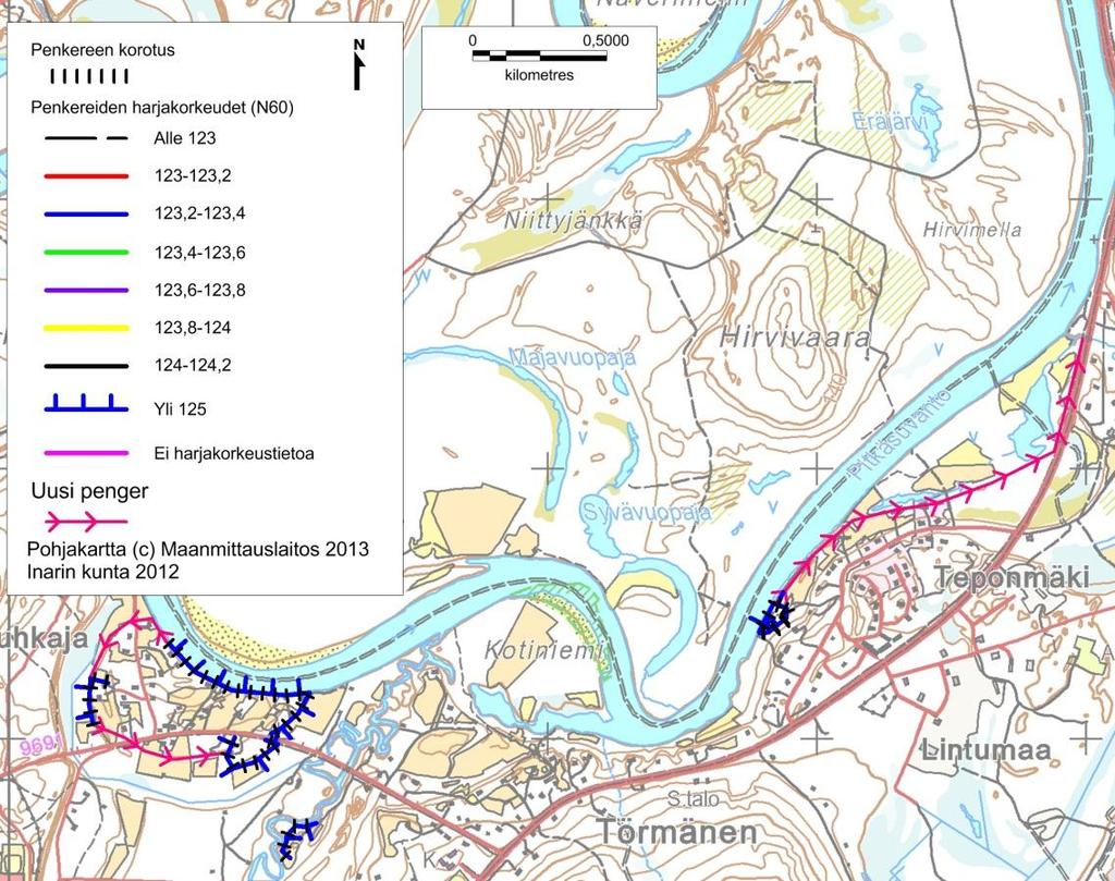Kuva 11. Törmäsen penkereiden korotukset ja mahdolliset lisäpenkereet Alueen penkereitä tulee korottaa 0,1 0,4 metriä yhteensä 3800 m (taulukko 2) ja uutta tulvapengertä tulisi rakentaa n. 3000 m.