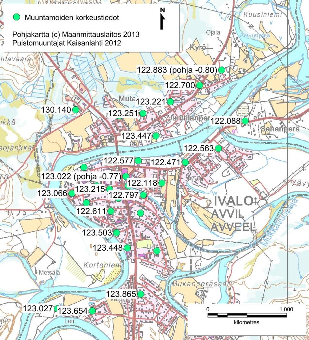 Kuva 25. Puistomuuntajien korkeustiedot Suurtulvan uhatessa muuntajat suojataan muovein, hiekkasäkein ja maansiirroin.