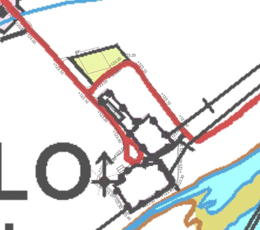 Kuva 26. Ivalon sähköasemaa suojelevan penkereen korkeudet N60-tasossa Kaukolämmön jakelukeskus on rakennettu vuonna 2012 vallinneeseen tulvapenkereiden korkoon.