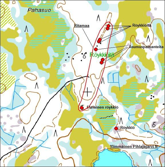 768305 76830 46068 46063 Vaikutusten arvio: voimalapaikoista. Röykkiö 4x6x1 metriä Röykkiö, edellisestä 10 m lounaaseen 6x6x1 metriä kuopalla Ei vaikutusta.