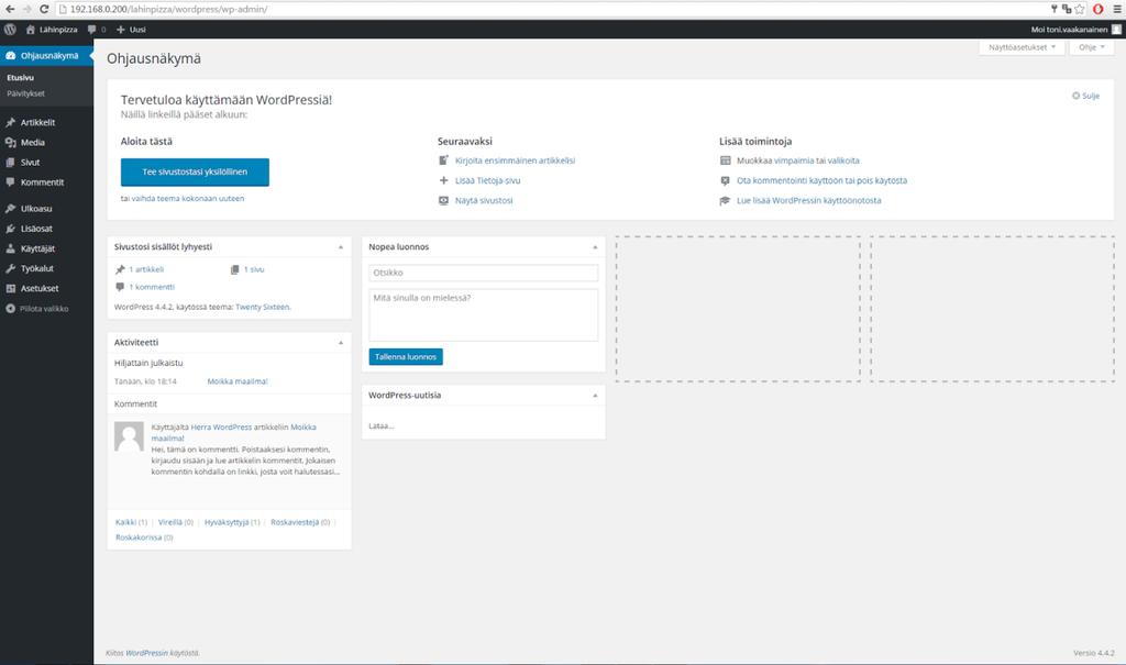 Kuva 7. WordPress-sivuston admin-näkymä 3.4 WordPress-tietokannan vienti GitHubiin Asennuksen jälkeen on hyvä hetki tehdä seuraava Git commit. Vaihtuneet tiedosto ovat wordpress/.