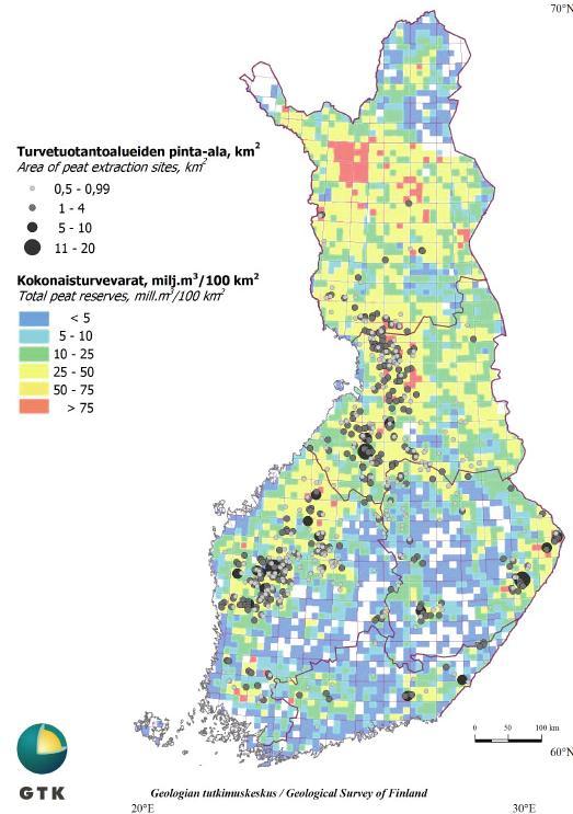 41 Kuva 11. Turvetuotantoalueet ja turvemaiden sijainti. (Kuva: Geologian tutkimuskeskus 2010.) Turvetuotannon vesiensuojelun haasteena on, että puhdistetaan pieniä pitoisuuksia suurista vesimääristä.